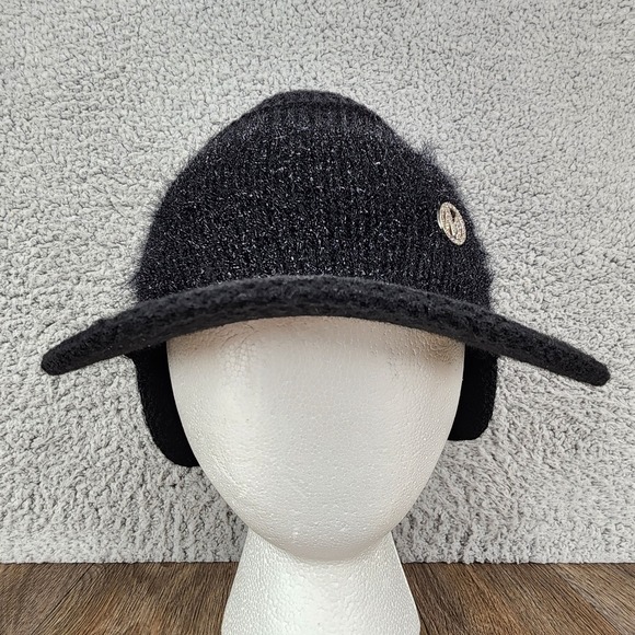 Womens Black Knit Hat with Visor and Ear Flaps Winter One Size - Picture 1 of 9